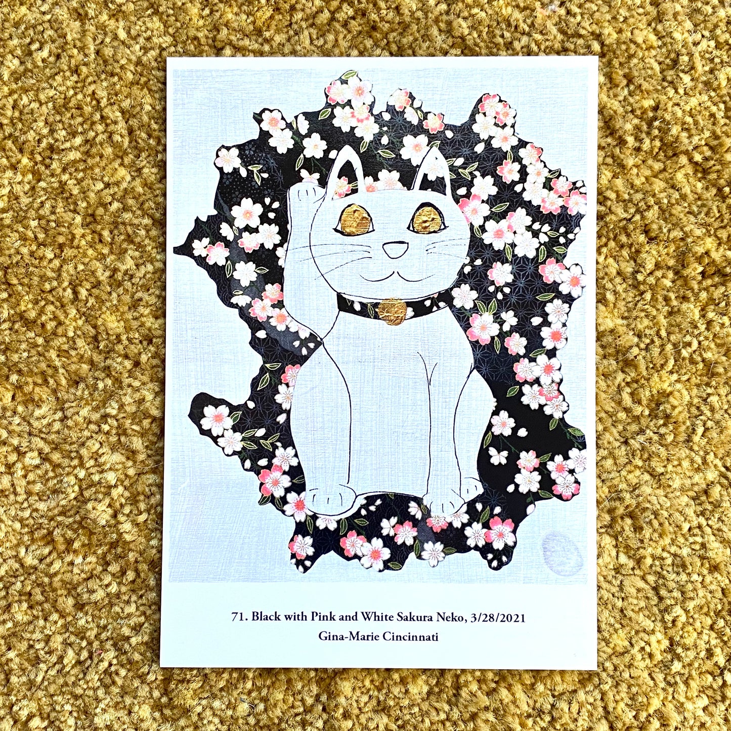 71. Black with Pink and White Sakura Neko A5 Postcard