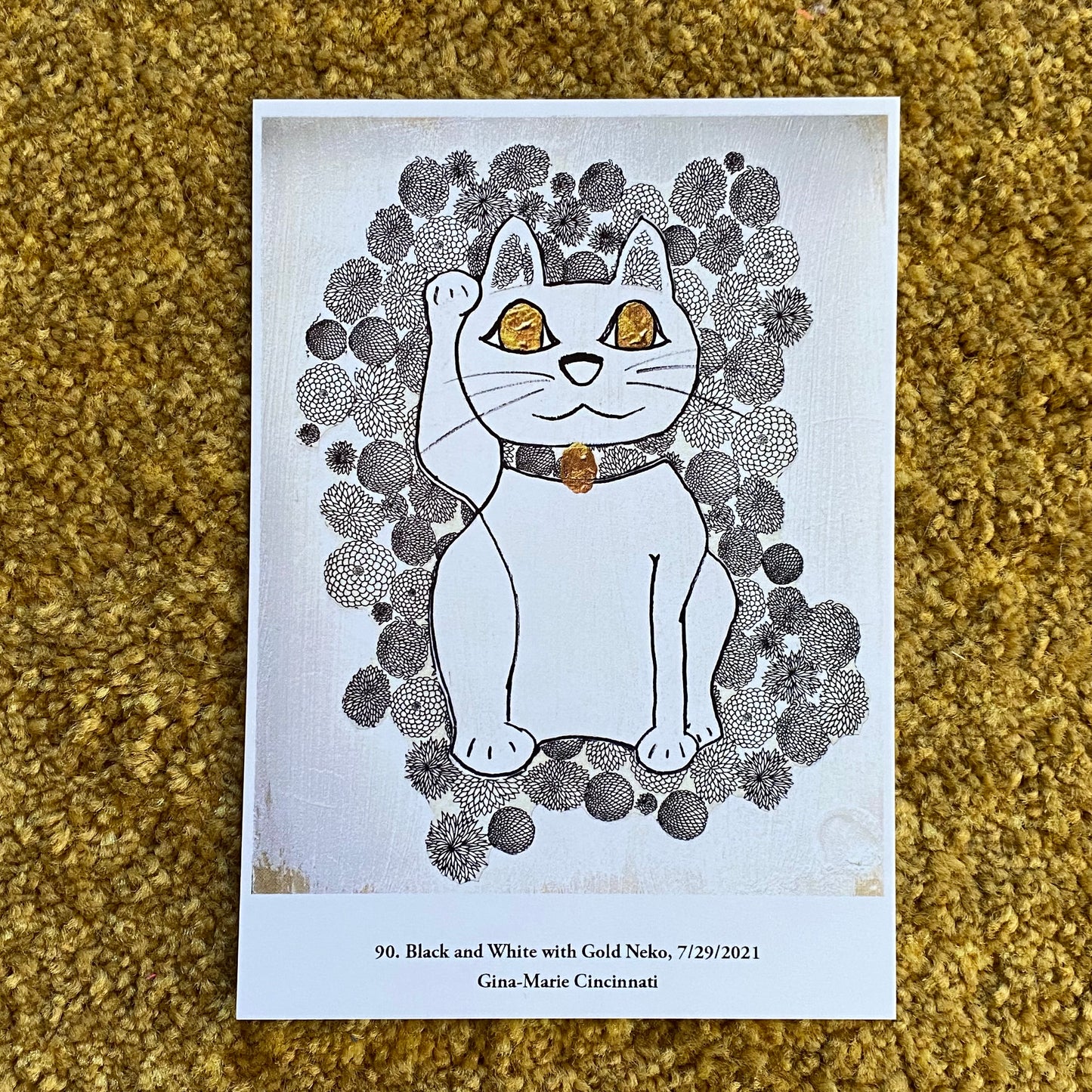 90. Black and White with Gold Neko A5 Postcard