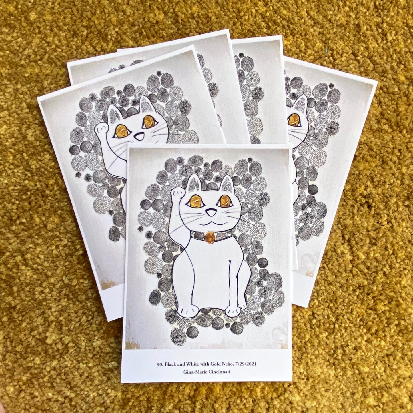 90. Black and White with Gold Neko A5 Postcard