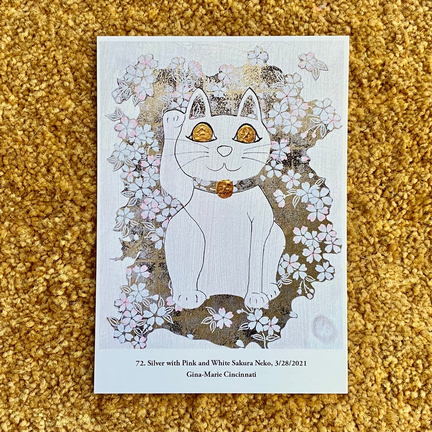 72. Silver with Pink and White Sakura Neko A5 Postcard